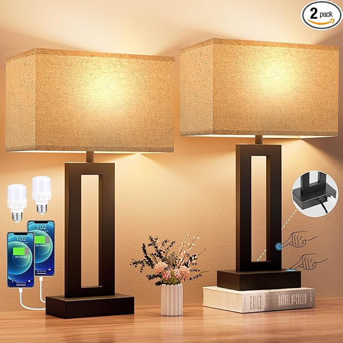 Seealle Bedroom Lamps for Night Stands - Touch Control, 3 Way Dimmable, USB C+A Charging, LED Bulbs, Easy Assembly