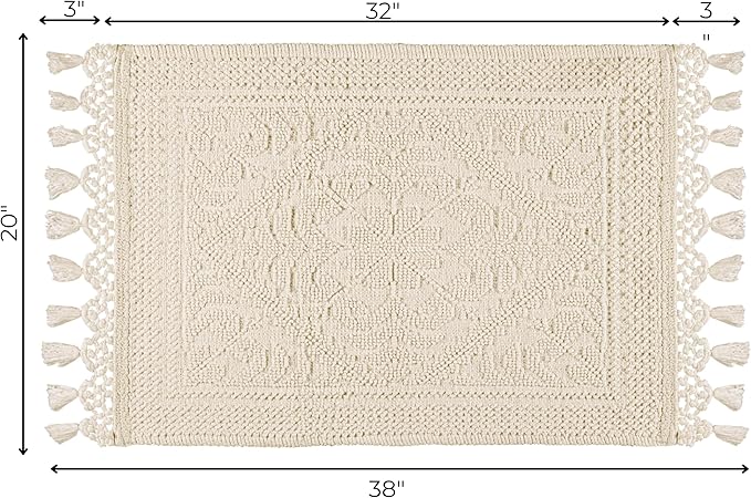 Savi Home Cotton Woven Jacquard Bathroom Rug, Woven Fringe Bathroom Mats, 100% Cotton, Non - Slip Bath Mat, Durable Thick Bath Mat 20”x38” with Fringes, Ivory