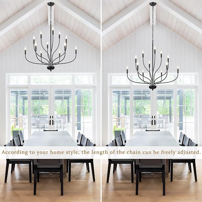 12-Lights Black Farmhouse Chandelier for Dining Room, 34 Inch Large Chandeliers for High Ceilings Foyer Modern Pendant Light Fixture for Living Room Entryway Hallway Kitchen Island E12