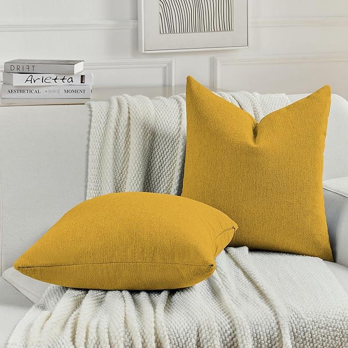 FUTEI Mustard Yellow Chenille Decorative Throw Pillow Covers 26x26 Inch Set of 2,Soft Cozy Faux Linen Textured Euro Pillow Shams,Farmhouse Home Decor for Couch Living Room