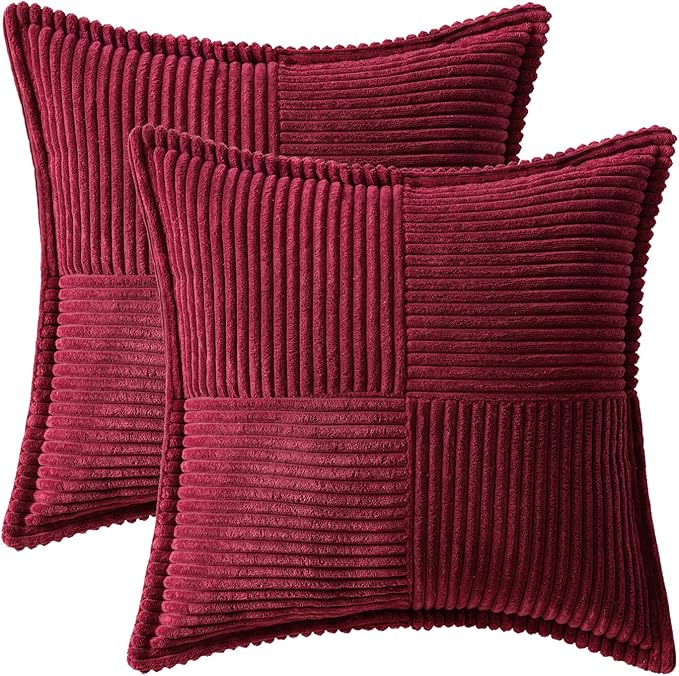 MIULEE Christmas Decorative Throw Pillow Covers for Couch Bed Livingroom 12x12 Inch Set of 2 Burgundy Boho Accent Throw Pllows Broadside Striped Patchwork Soft Corduroy Pillowcases