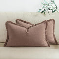 Woaboy Decorative Linen Fringe Throw Pillow Covers Boho Farmhouse Soft Lumbar Cushion Covers Accent Pillowcases with Tassels for Living Room Couch Sofa Bed Chair, 12x20 Inch Set of 2,Dark Coffee