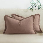 Woaboy Decorative Linen Fringe Throw Pillow Covers Boho Farmhouse Soft Lumbar Cushion Covers Accent Pillowcases with Tassels for Living Room Couch Sofa Bed Chair, 12x20 Inch Set of 2,Dark Coffee
