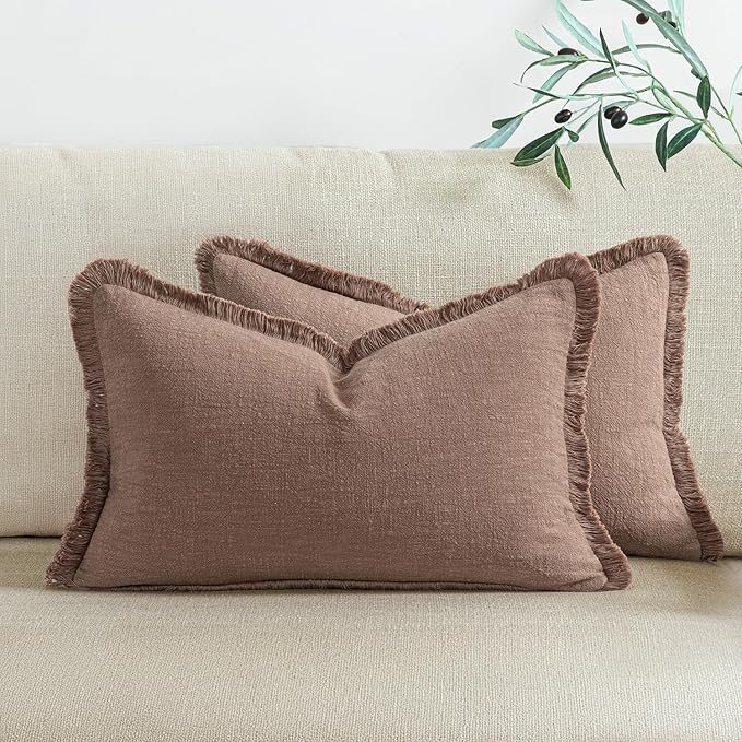 Woaboy Decorative Linen Fringe Throw Pillow Covers Boho Farmhouse Soft Lumbar Cushion Covers Accent Pillowcases with Tassels for Living Room Couch Sofa Bed Chair, 12x20 Inch Set of 2,Dark Coffee