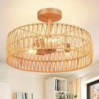 Hamilyeah Boho Flush Mount Ceiling Light Fixture with Rattan Shade, 16 inch Gold Light Fixture Ceiling Mount for Living Room, Bedroom, Kitchen
