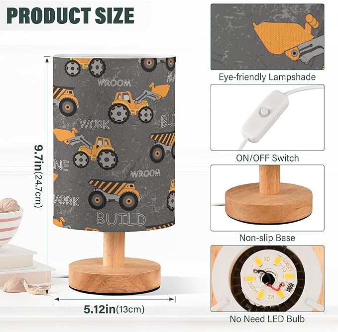 Table Lamp Construction Car Truck Excavator Nightstand Lamp with Wood Base Fabric Lamp Shade Bedside Desk Lamp for Living Room Bedroom Kids Room Office