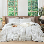 MooMee Gingham Duvet Cover Set 100% Washed Cotton Linen Like Textured Breathable Durable Soft Comfy Modern Checkered Design (Northern Droplet Grey Gingham, Cal King 104"x98")