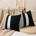 Adabana Set of 2 Linen Pillow Covers Decor Square Patchwork Throw Pillow Covers 18x18 Inch Farmhouse Cushion Covers Decorative Couch Bedroom Sofa Living Room,Black