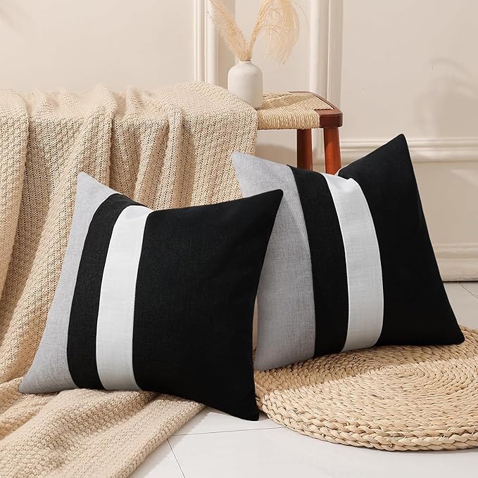 Adabana Set of 2 Linen Pillow Covers Decor Square Patchwork Throw Pillow Covers 18x18 Inch Farmhouse Cushion Covers Decorative Couch Bedroom Sofa Living Room,Black
