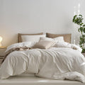 MooMee Striped Duvet Cover Set 100% Washed Cotton Linen Like Textured Breathable Durable Soft Comfy (White Tannish Linen Grey Wide Stripes, Super King 108"x98")