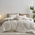 MooMee Striped Duvet Cover Set 100% Washed Cotton Linen Like Textured Breathable Durable Soft Comfy (White Tannish Linen Grey Wide Stripes, Super King 108"x98")