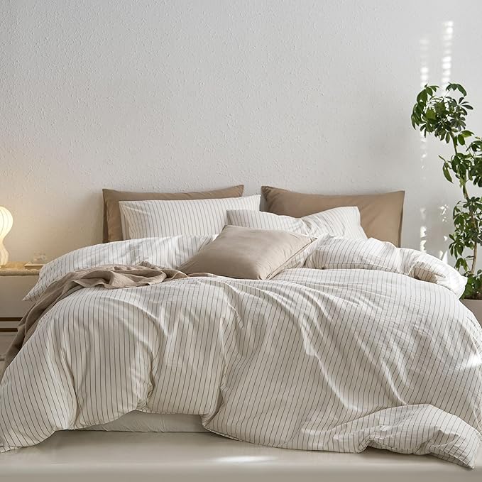 MooMee Striped Duvet Cover Set 100% Washed Cotton Linen Like Textured Breathable Durable Soft Comfy (White Tannish Linen Grey Wide Stripes, Super King 108"x98")
