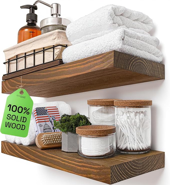 BAOBAB WORKSHOP Wood Floating Shelves for Wall - Wooden Floating Shelf 16 Inch - Rustic Bathroom Shelves for Room Wall for Kitchen Bedroom Living Room Farmhouse - Walnut Finish, 16″W × 6.7″D, Set of 2