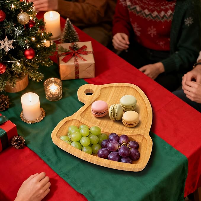 TJ POP Christmas Hat Bamboo Serving Platter - Santa Hat-Shaped Holiday Snack Tray with Hanging Hole, Natural Wood Appetizer Tray Charcuterie Board for Candy, Cookies, Party Decor (10” x 9”)