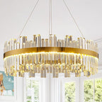 23.6" Dimmable Modern LED Crystal Chandeliers,Gold Chandelier Light Fixture, 3 Colors Contemporary Pendant Ceiling Light for Dining Room Living Room Kitchen Island Entryway Foyer ,With Remote Control