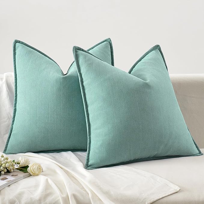MIULEE Pack of 2 Aqua Green Decorative Pillow Covers 18x18 Inch Soft Chenille Luxurious Couch Throw Pillows Farmhouse Cushion Covers with Elegant Design for Sofa Bedroom Living Room Home Decor