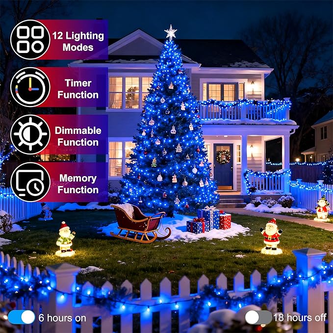 750 LED 256ft Outdoor Christmas Lights, Super Long String Lights 8 Modes Timer Memory, Outsite Waterproof Dark Green Wire Fairy Light Strings for Xmas Tree Wedding Holiday Party Decorations Blue