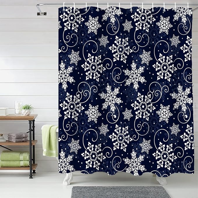 Vandarllin Christmas Shower Curtain, White Navy Snowflakes Pattern Shower Curtains Set with Hooks, Winter Waterproof Fabric Bathroom Curtains Decor Home Accessories, 60 X 72 Inch Long