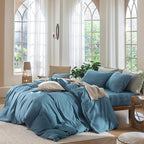 MooMee Bedding Duvet Cover Set 100% Washed Cotton Linen Like Textured Breathable Durable Soft Comfy (Heathered Peacock Blue, Full 80"x90")