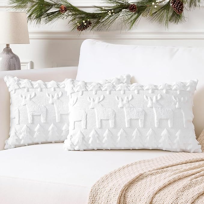 OTOSTAR Set of 2 Xmas Soft Plush Short Wool Velvet Decorative Throw Pillow Covers Rectangular Luxury Style Cushion Case Pillow Shell for Sofa Bedroom Christmas Tree and Elk White, 12x20 Inch