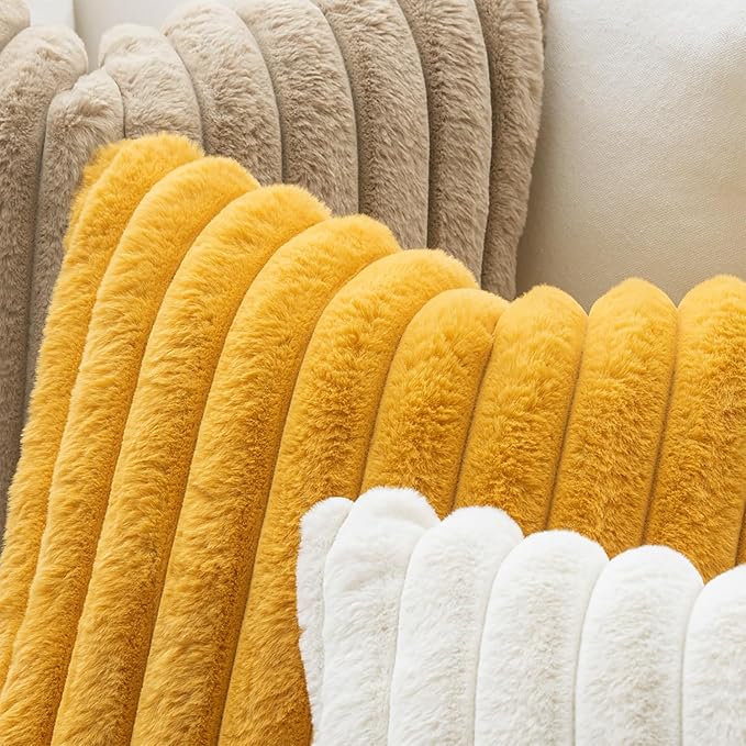 MIULEE Faux Fur Decorative Throw Pillow Covers 16x16 Inch Set of 2, Retro Vintage Boho Home Decor Soft Plush Couch Pillows Cozy Fluffy Cushion Covers for Sofa Bed Mustard Yellow