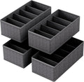 4-Pack Collapsible Fabric Drawer Organizers - 12"x6"x4" Foldable Storage Box with 5 Compartments, Closet Dividers for Socks, Ties, Belts, Accessories (Grey)