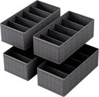 4-Pack Collapsible Fabric Drawer Organizers - 12"x6"x4" Foldable Storage Box with 5 Compartments, Closet Dividers for Socks, Ties, Belts, Accessories (Grey)