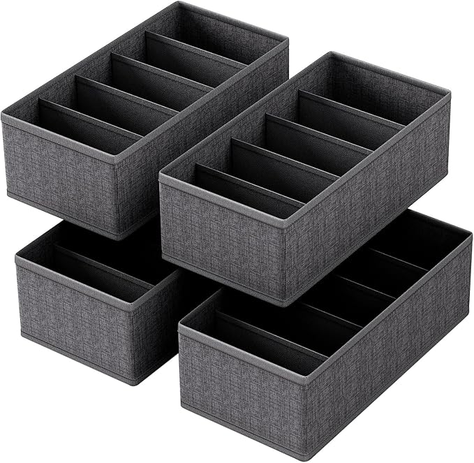 4-Pack Collapsible Fabric Drawer Organizers - 12"x6"x4" Foldable Storage Box with 5 Compartments, Closet Dividers for Socks, Ties, Belts, Accessories (Grey)