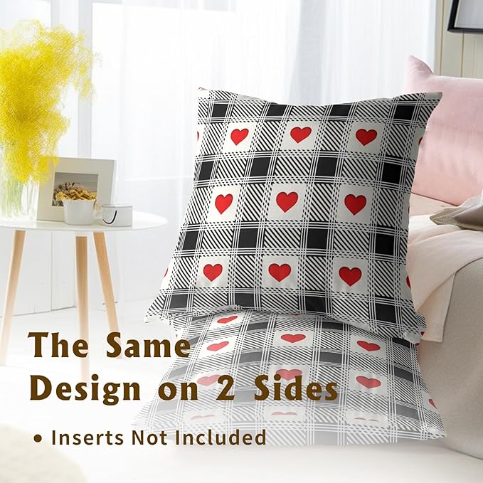 Love Hearts Throw Pillow Covers Set of 2, 16x16 Inch – Black White Checkered Plaid Cotton Hidden Zipper Pillowcases for Couch Sofa Bed Porch Farmhouse Holiday Home Decor