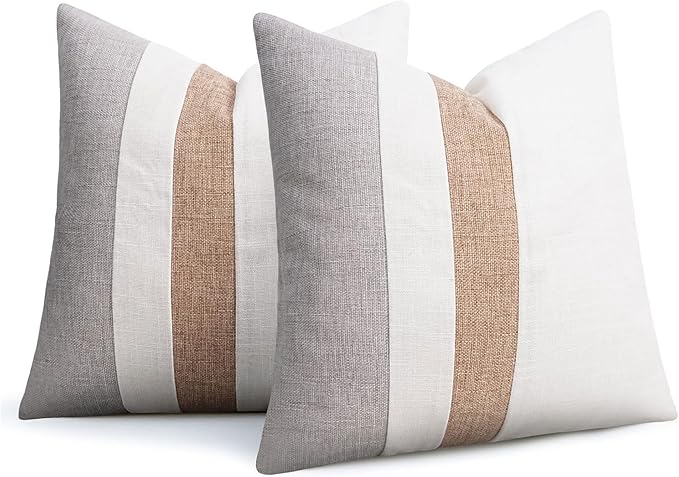 Adabana Set of 2 Linen Pillow Covers Decor Square Patchwork Throw Pillow Covers 18x18 Inch Farmhouse Cushion Covers Decorative Couch Bedroom Sofa Living Room,White