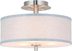 XiNBEi Lighting Semi Flush Mount Ceiling Light, 14" Drum Light Fixture with Grey Fabric Shade, 3-Light Brushed Nickel Ceiling Lamp for Bedroom Living Room Kitchen Hallway