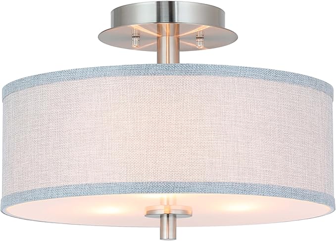 XiNBEi Lighting Semi Flush Mount Ceiling Light, 14" Drum Light Fixture with Grey Fabric Shade, 3-Light Brushed Nickel Ceiling Lamp for Bedroom Living Room Kitchen Hallway