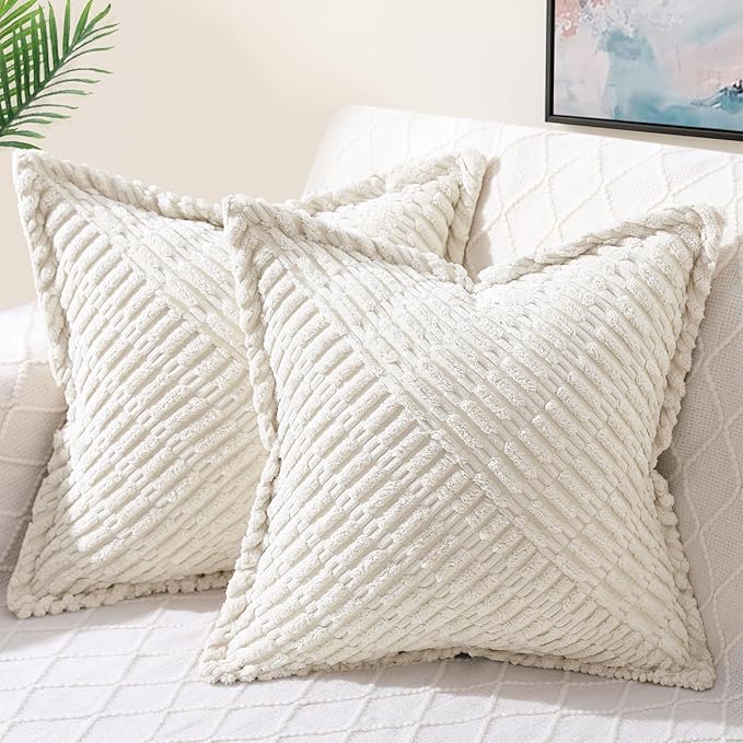 decorUhome Decorative Cream White Fall Throw Pillow Covers 20x20 Set of 2 with Splicing, Boho Soft Neutral Corduroy Broadside Twill Pillow Covers for Couch Bed Sofa Living Room
