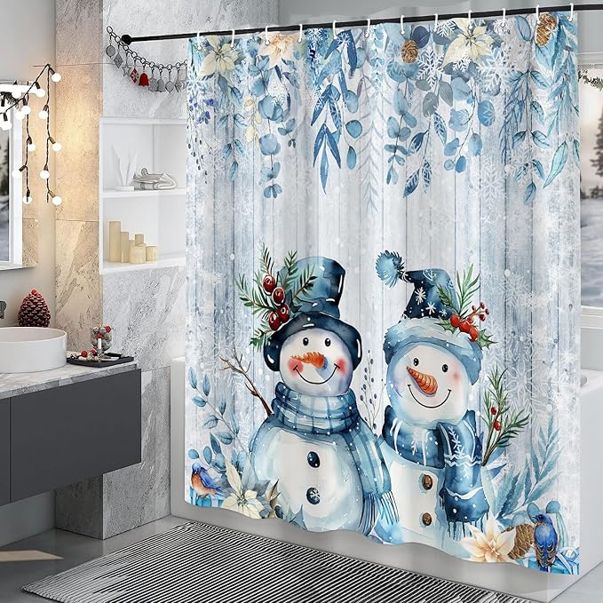 Blue Christmas Snowman Shower Curtain, Cute Winter Snowflake Snowman Poinsettia Floral Eucalyptus Leaves Decoration Xmas Shower Curtain for Bathroom, Fabric Holiday Bath Curtain Set with Hooks 72X72