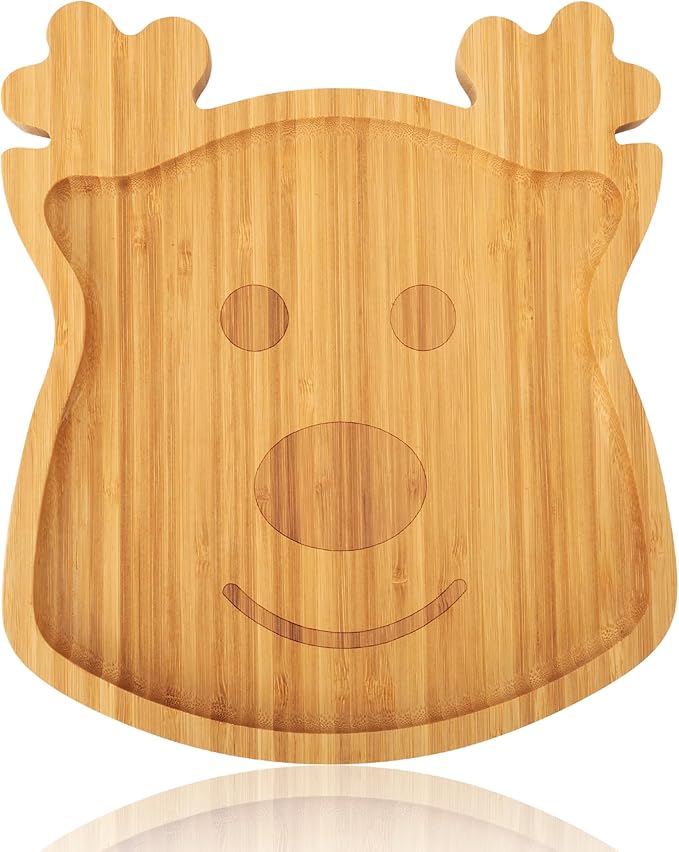 TJ POP Christmas Reindeer Bamboo Serving Tray - Laser-Carved Cute Deer Face Pattern, Natural Wooden Snack Platter Charcuterie Board, Holiday Party Kitchen Decor for Sweets, Snacks, Drinks (10” x 9”)