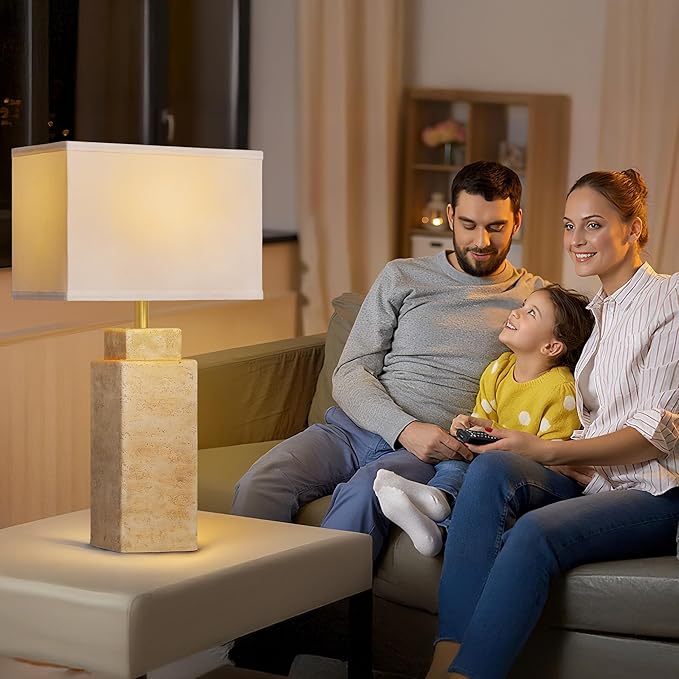 27.6" Vintage Table lamp, Farmhouse Bedside Table Lamps for Bedroom, Living Room, Dining Office, Huangdong Stone Color Lamp Base with White Linen