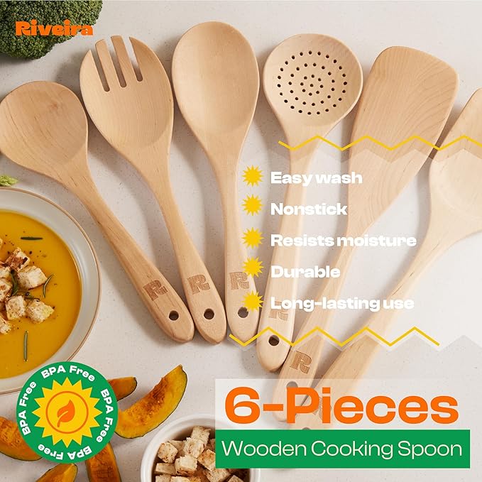 Riveira Maple Wooden Cooking Utensils Set of 6 Premium Quality Non-Toxic Wooden Spoons and Spatula for Cooking