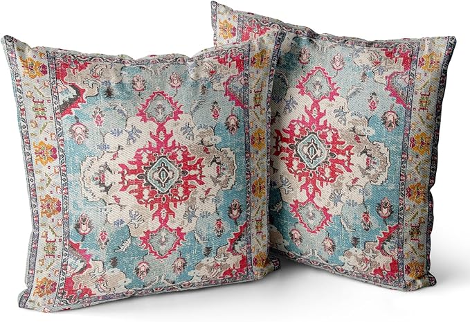 Snycler Boho Throw Pillow Covers 16x16 inch Set of 2 Boho Rug Carpet Double Sided Pattern Cotton Soft Pillow Case Cushion Cover Pillowcase for Couch Sofa Bed Decorative (Rose Red)