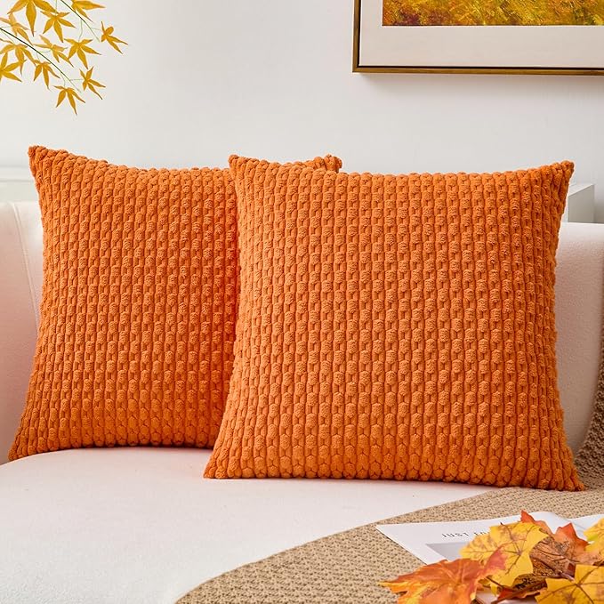 Kevin Textile Fall Pack of 2 Corduroy Decorative Throw Pillow Covers 18x18 Inch Soft Boho Striped Pillow Covers Modern Farmhouse Home Decor for Spring Sofa Living Room Couch Bed Orange