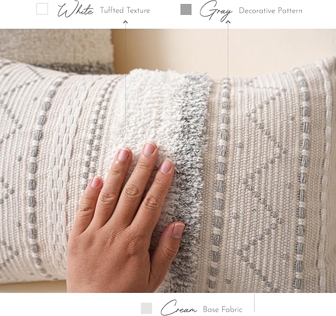 BlissBlush Gray Decorative Throw Pillow Cover 20x20 Square Boho Neutral White Accent Pillowcase Tassels Farmhouse Cushion for Couch Sofa Bedroom Living Room Home Décor (Cover ONLY, Pack of 1)