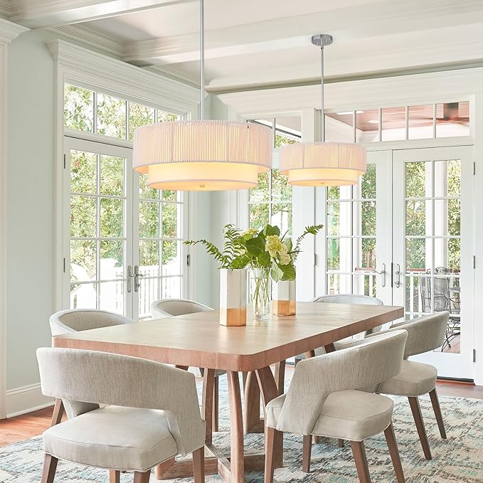 Rattan Farmhouse Chandeliers for Dining Room，Rattan Pendant Light Fixture Boho Light Fixtures with Fabric Shade Chandeliers for Bedroom Dining Room Foyer Kitchen Hallway Farmhouse（White）