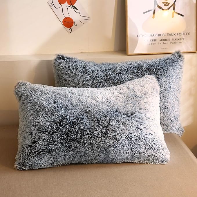 XeGe Faux Fur Throw Pillow Cases, Plush Shaggy Ultra Soft Pillow Covers, Fluffy Crystal Velvet Decorative Pillowcases, Furry Fuzzy Pillow Shams Zipper Closure, Set of 2(Standard, Gray Ombre)
