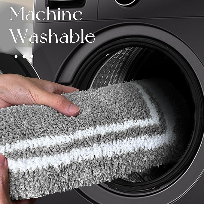 Tititex Luxury Grey White Frame Line Bathroom Rug, 16x24 inch Extra Soft and Absorbent Microfiber Bath Rugs, Non-Slip Plush Shaggy Bath Carpet, Bath Mats for Bathroom Floor, Tub and Shower