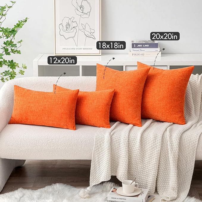 MIULEE Fall Pack of 2 Bright Orange Throw Pillow Covers 20x20 Inch Soft Chenille Pillow Covers for Sofa Living Room Couch Solid Dyed Cases