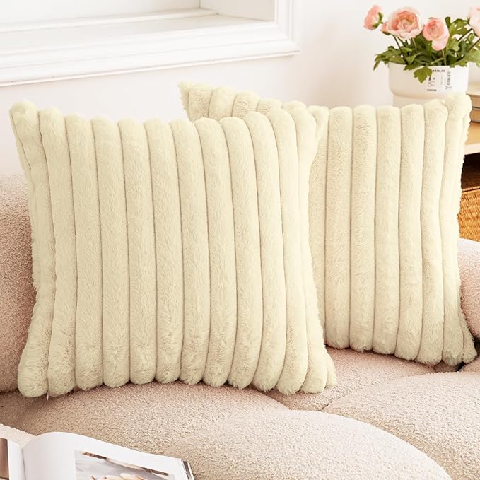 Double-Sided Faux Fur Plush Throw Pillow Covers 16x16 Set of 2 Fuzzy Striped Soft Cozy Pillowcase Luxury Decorative Pillows Square Shaggy Cushion Covers for Couch Sofa Bed,Beige