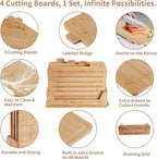 14.56"L x 11"W Bamboo Cutting Board Set of 4 - Wood Cutting Board Set with Holder, Chopping Boards Set with Food Icons, Juice Groove - Ideal for Meat, Fish, Bread, Vegetable, Fruit Chopping