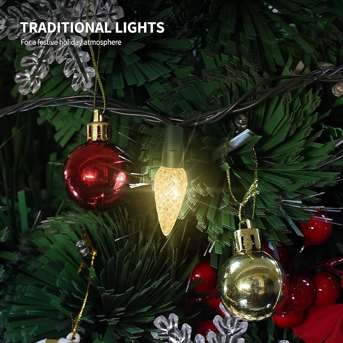 WATERGLIDE C6 Christmas Lights, 33ft 100 LED Faceted String Lights Green Wire Fairy Lights with 29V Safe Adaptor, 8 Lighting Mode, Waterproof for Indoor Outdoor Patio Xmas Tree Party Decor, Warm White