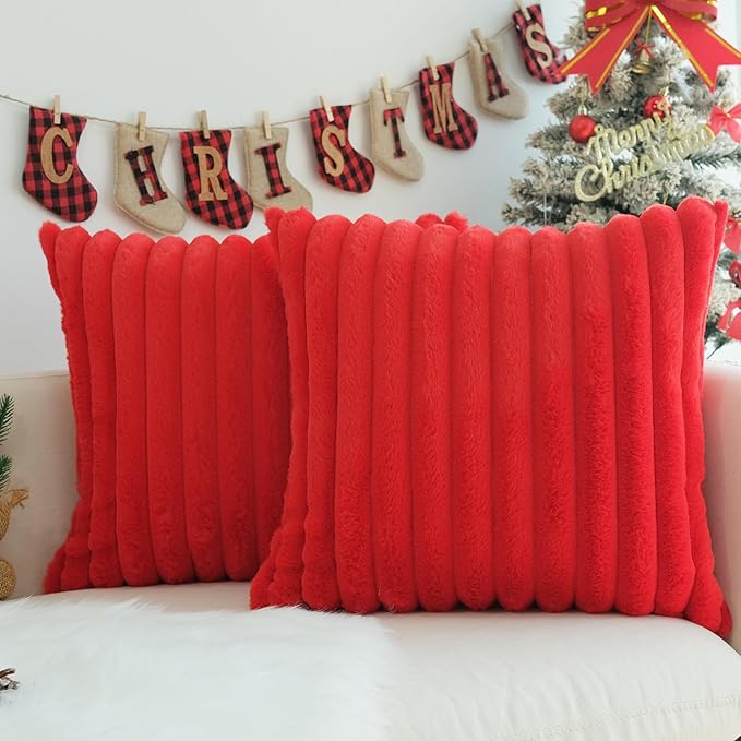 JOJUSIS Pack of 2 Faux Fur Plush Decorative Christmas Red Throw Pillow Covers Couch Cushion Case Soft Pillowcases (Red, 18 x 18-Inch)
