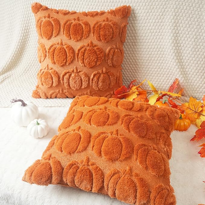 GEEORY Fall Pumpkins Soft Plush Pillow Covers, 16 x 16 Inch Set of 2, Fluffy Faux Fur Wool Decorative Farmhouse Cushion Case for Sofa Home Decoration Orange Pumpkin GC021-16