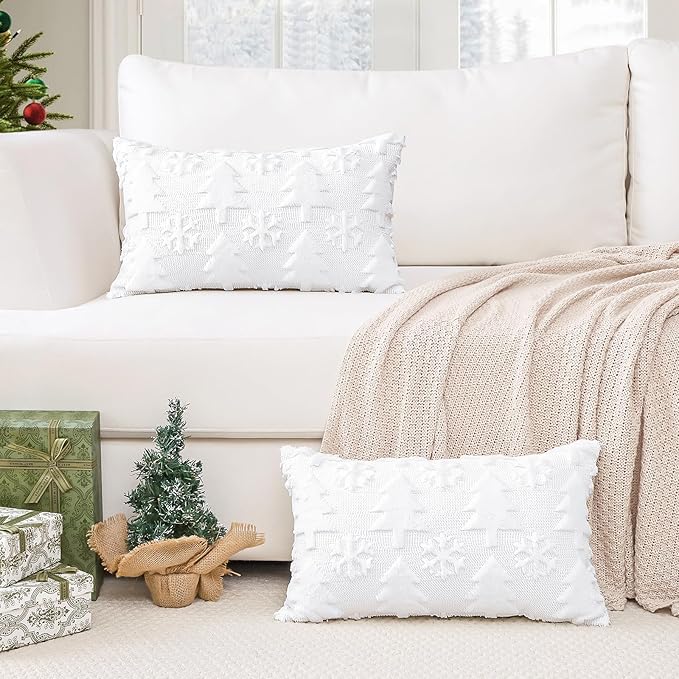 OTOSTAR Set of 2 Xmas Soft Plush Short Wool Velvet Decorative Throw Pillow Covers Rectangular Luxury Style Cushion Case Pillow Shell for Sofa Bedroom Tree and Snowflake White, 16x24 Inch